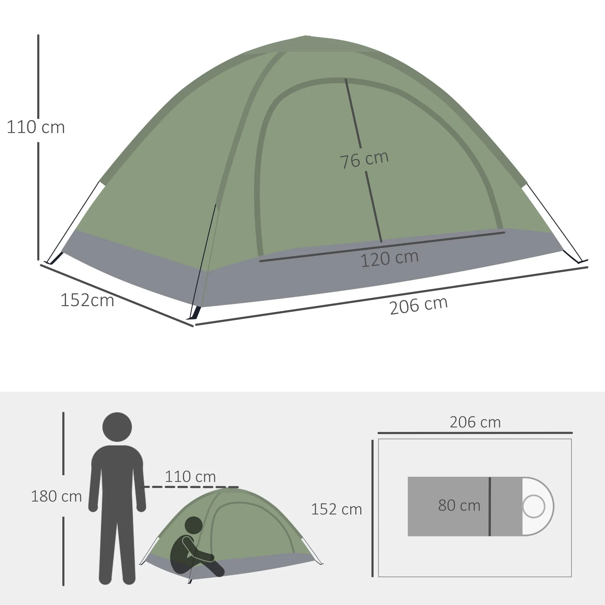 2 Person Camping Tent, Camouflage Tent with Zipped Doors, Storage Pocket, Portable Handy Bag, Green