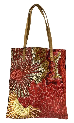 Aboriginal Art Shoulder Tote Bag Leather Trimmed by Damien & Yilpi Marks