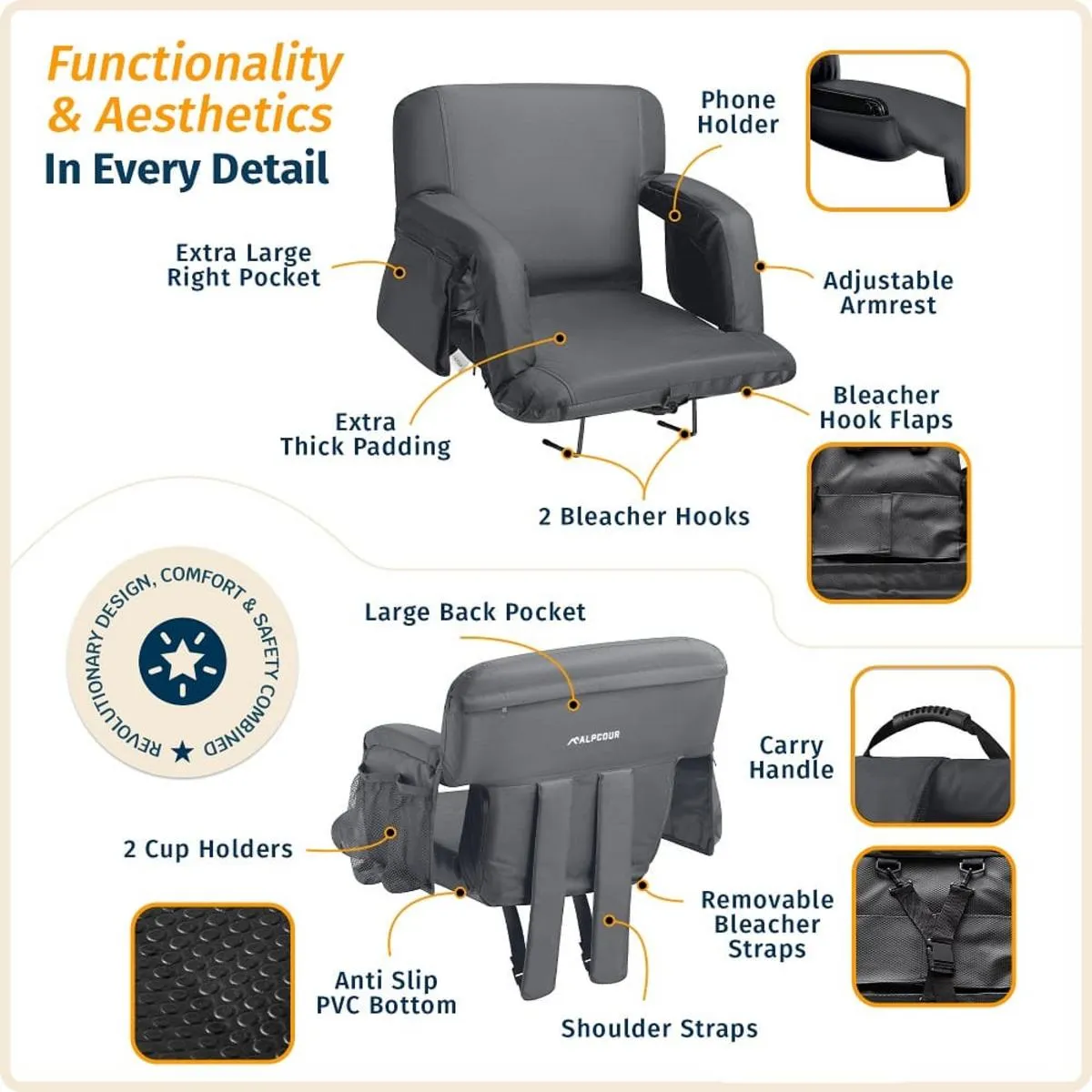 Alpcour Premium Reclining Stadium Seat with Armrests and Side Pockets - Wide