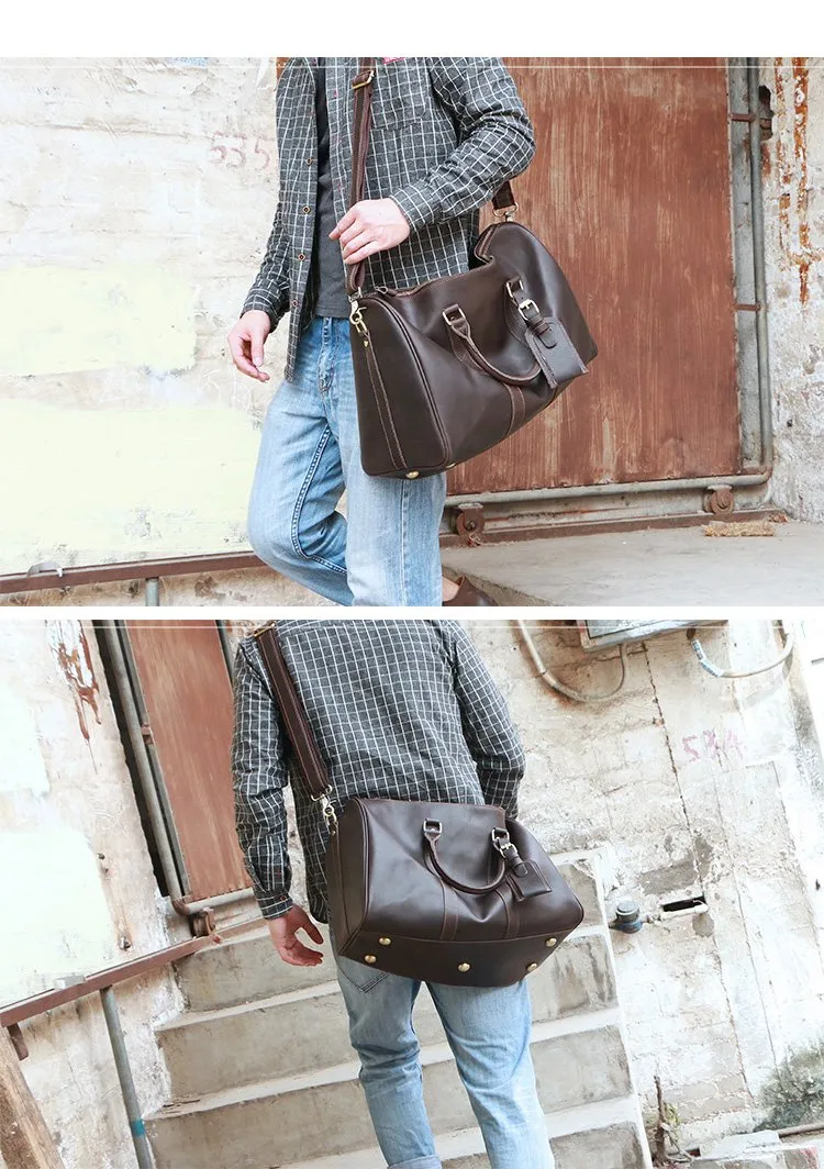 Black Leather Mens Casual Large Travel Bags Shoulder Weekender Bag Brown Duffle Bag For Men