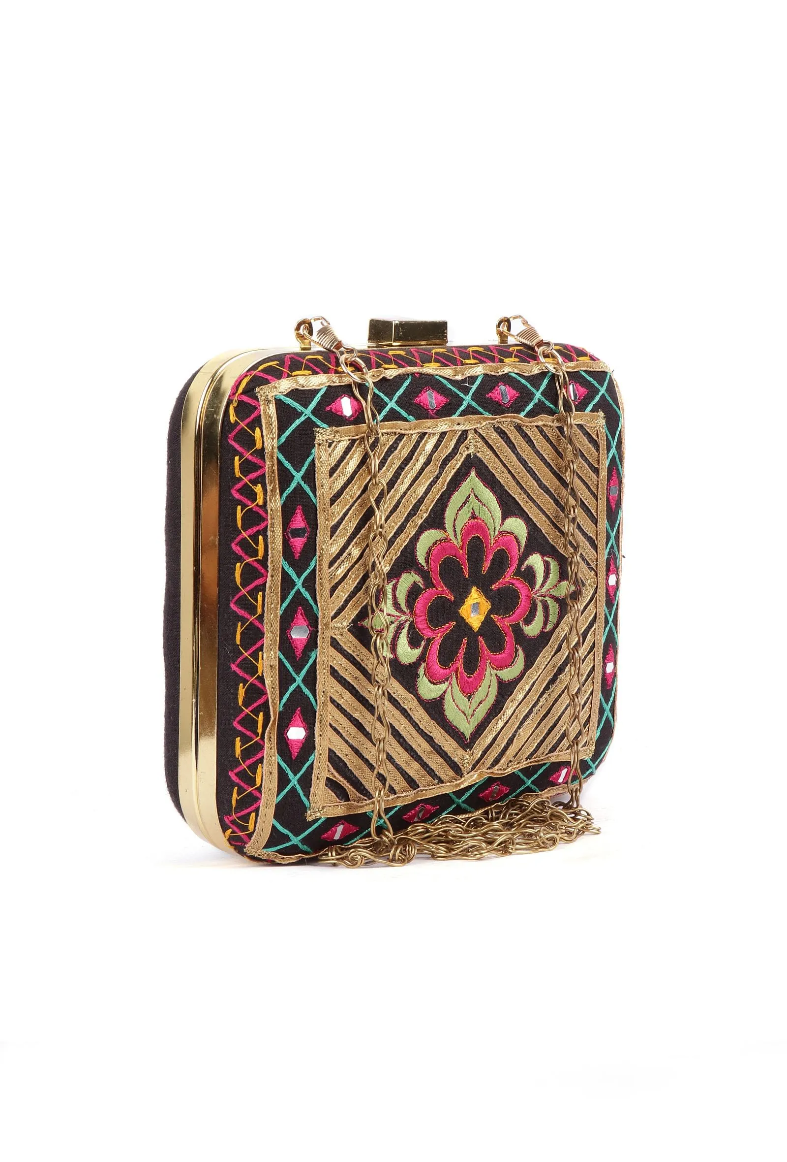 Erina Gold & Multi Kutch Embroidered Square Box Clutch