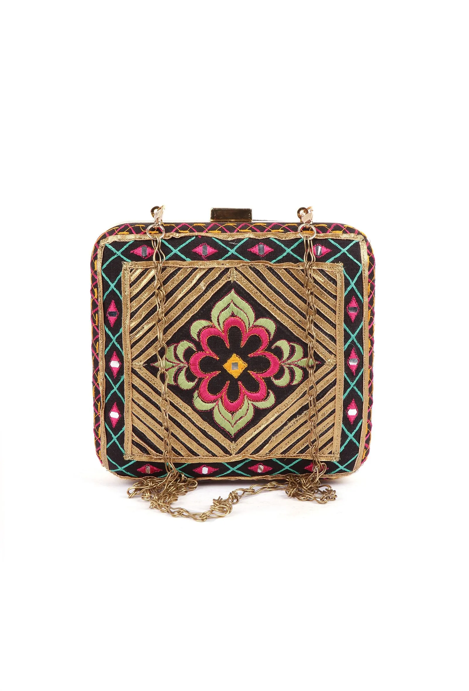 Erina Gold & Multi Kutch Embroidered Square Box Clutch