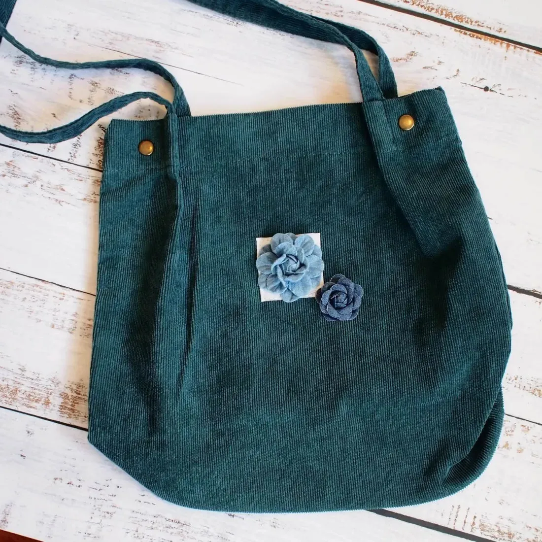 Green Maile Denim Floral Corduroy Tote Bag