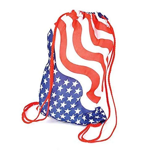 Kicko 13.5 Inch USA Flag Drawstring Bags - 12 Pack - Patriotic Stars and Stripes Backpack