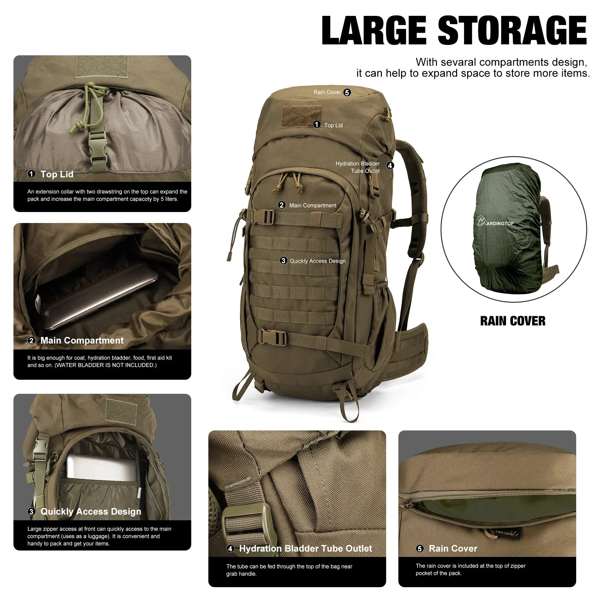 Mardingtop 50L Cordura Molle Hiking Internal Frame Backpacks with Rain Cover