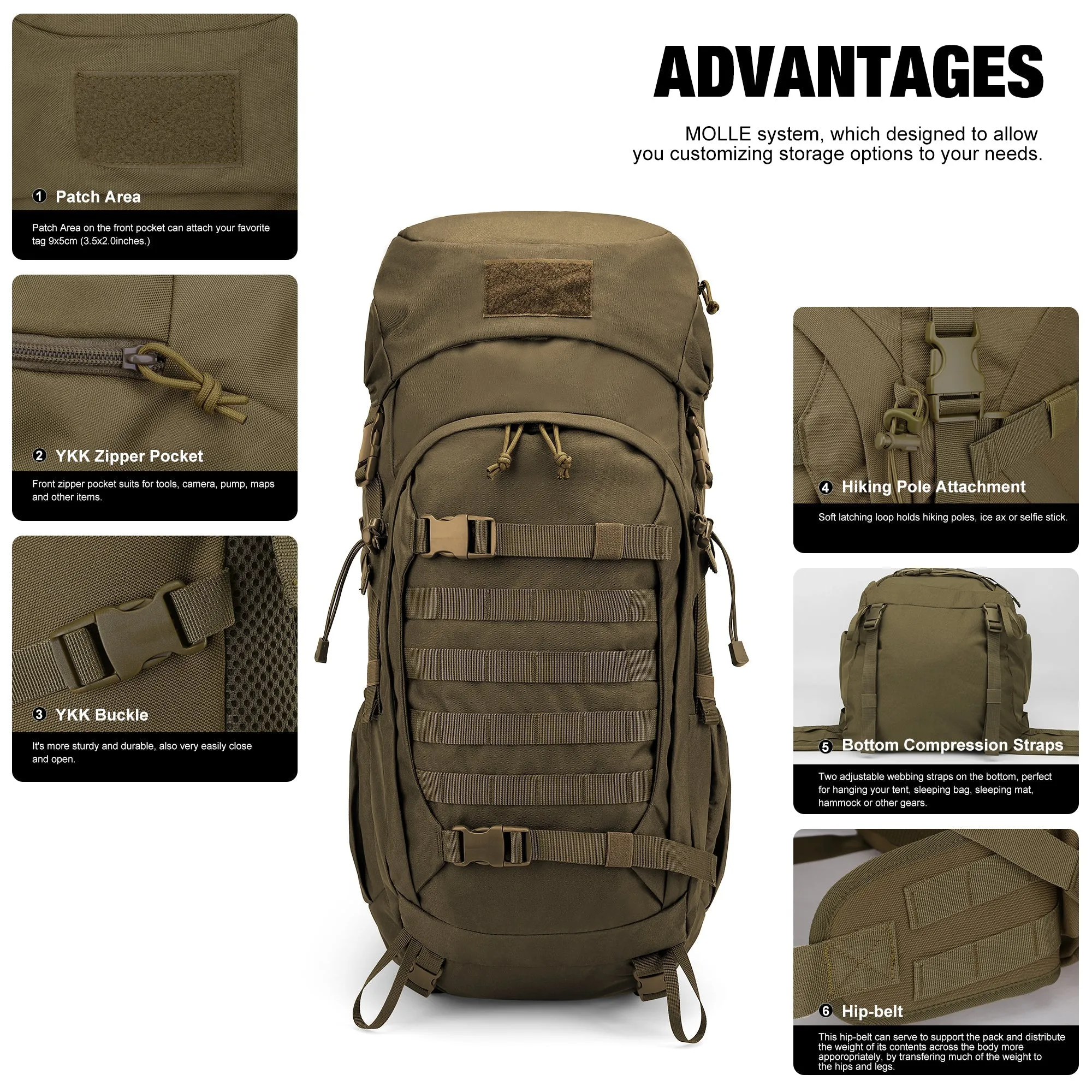 Mardingtop 50L Cordura Molle Hiking Internal Frame Backpacks with Rain Cover