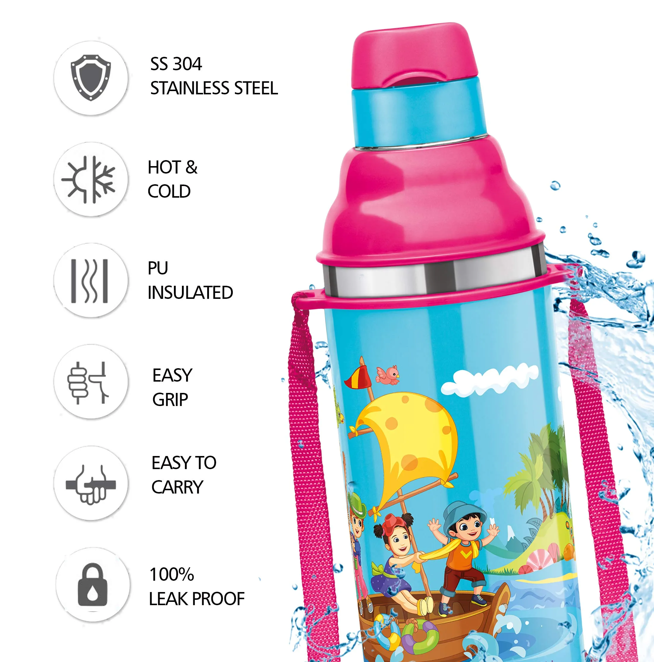 Milton Kool Stunner 400 Insulated School Kids Bottle with Inner Steel, 420 ml, Blue | Leak Proof | PU Insulated | Hot & Cold | Easy Grip