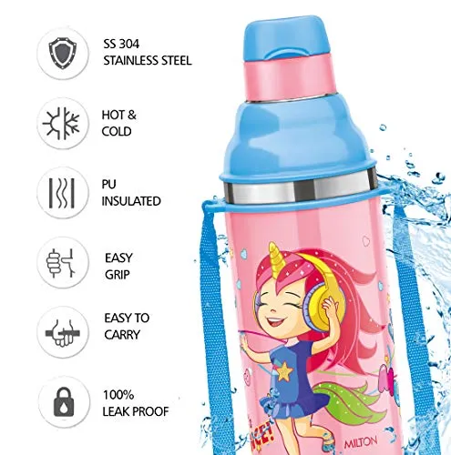 Milton Kool Stunner 400 Insulated School Kids Bottle with Inner Steel, 420 ml, Pink | Leak Proof | PU Insulated | Hot & Cold | Easy Grip