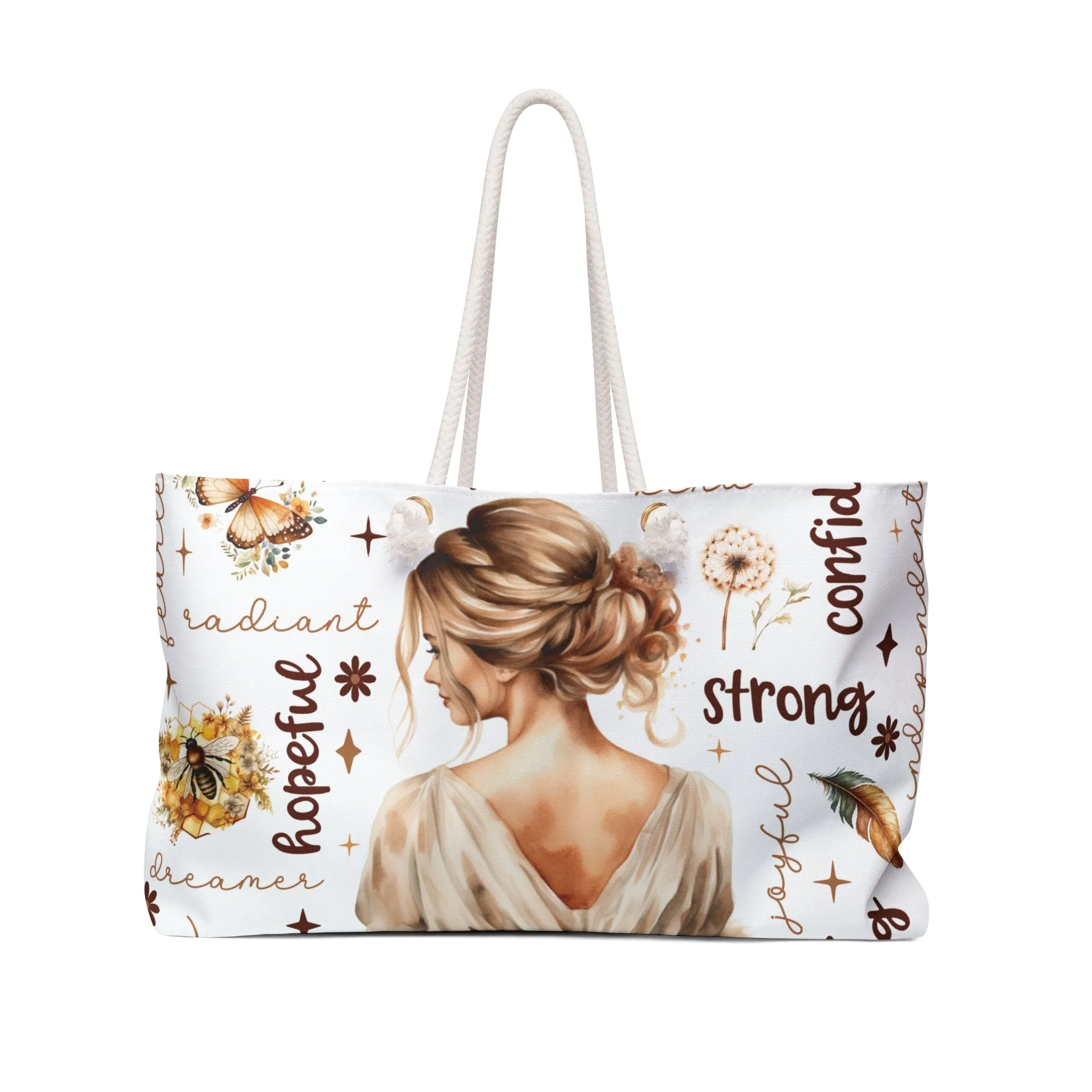 Personalised/Non-Personalised Weekender Bag, Lady Blonde Hair, Affirmations, Large Weekender Bag, Beach Bag, Book Bag