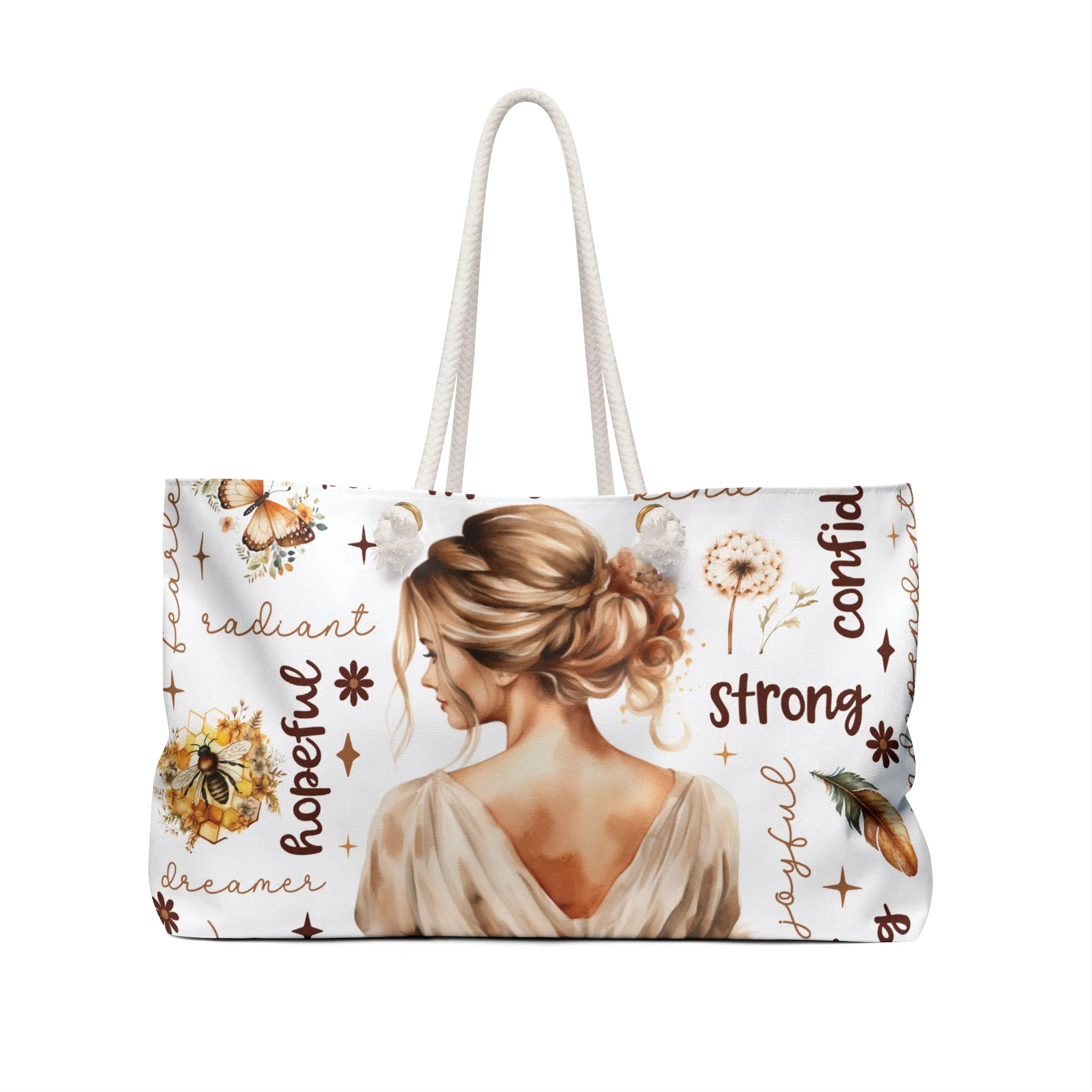 Personalised/Non-Personalised Weekender Bag, Lady Blonde Hair, Affirmations, Large Weekender Bag, Beach Bag, Book Bag