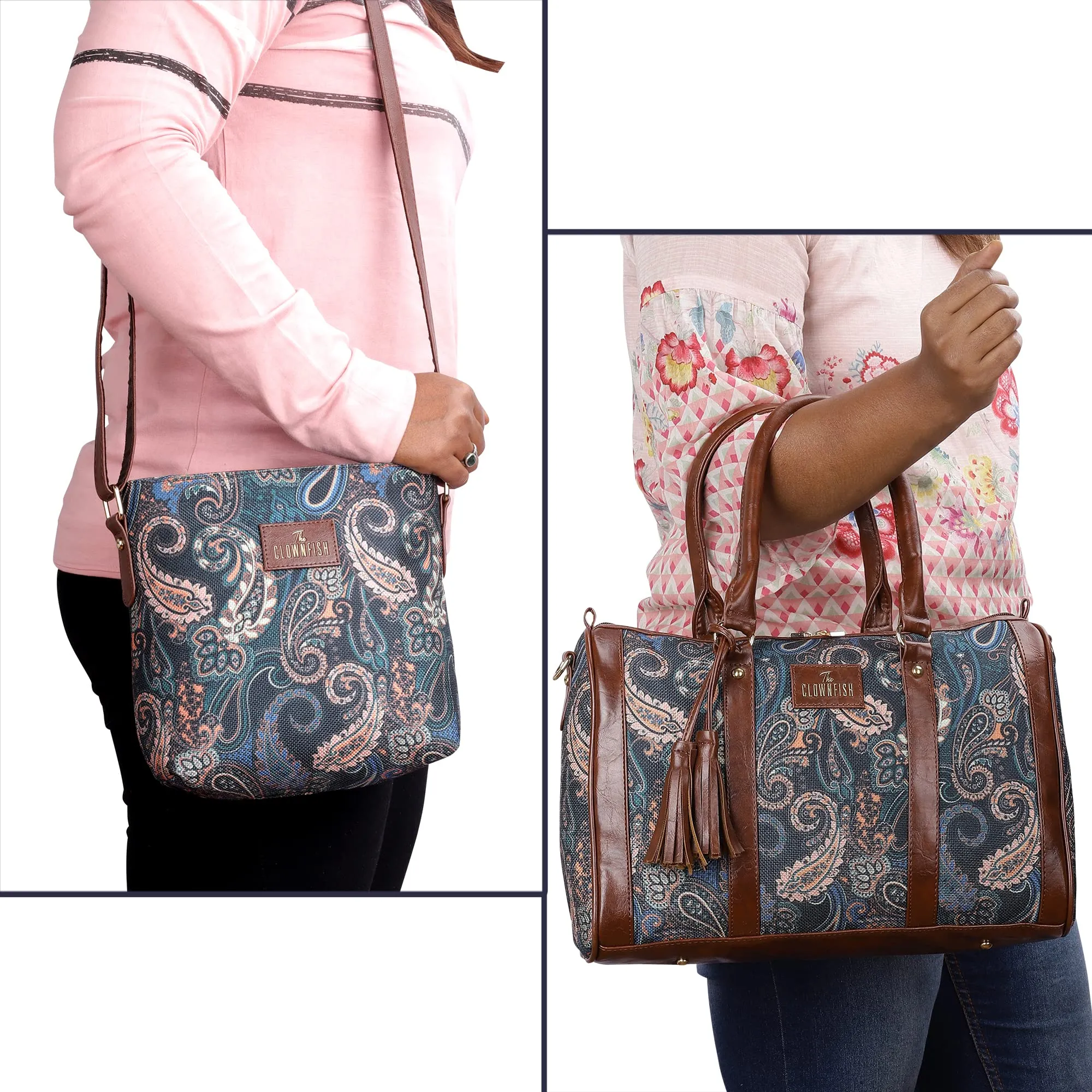 THE CLOWNFISH Combo Of Lorna Printed Handicraft Fabric & Faux Leather Handbag Sling Bag for Women & Aahna Printed Handicraft Fabric Crossbody Sling bag for Women (Peacock Blue-Floral)