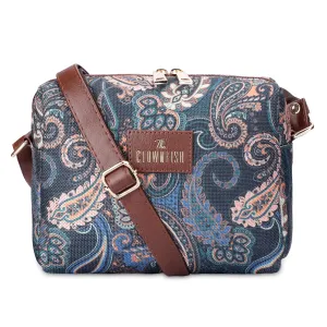 THE CLOWNFISH Isla Printed Handicraft Fabric Crossbody Sling bag for Women Casual Party Bag Purse with Adjustable Shoulder Strap for Ladies College Girls (Marine Blue)