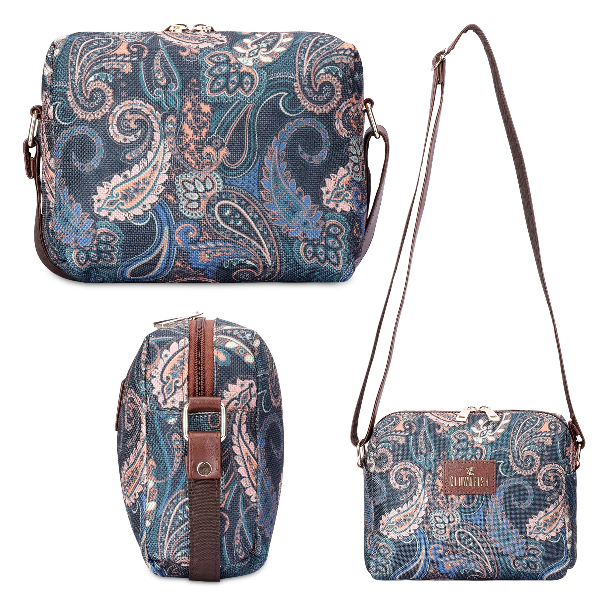 THE CLOWNFISH Isla Printed Handicraft Fabric Crossbody Sling bag for Women Casual Party Bag Purse with Adjustable Shoulder Strap for Ladies College Girls (Marine Blue)