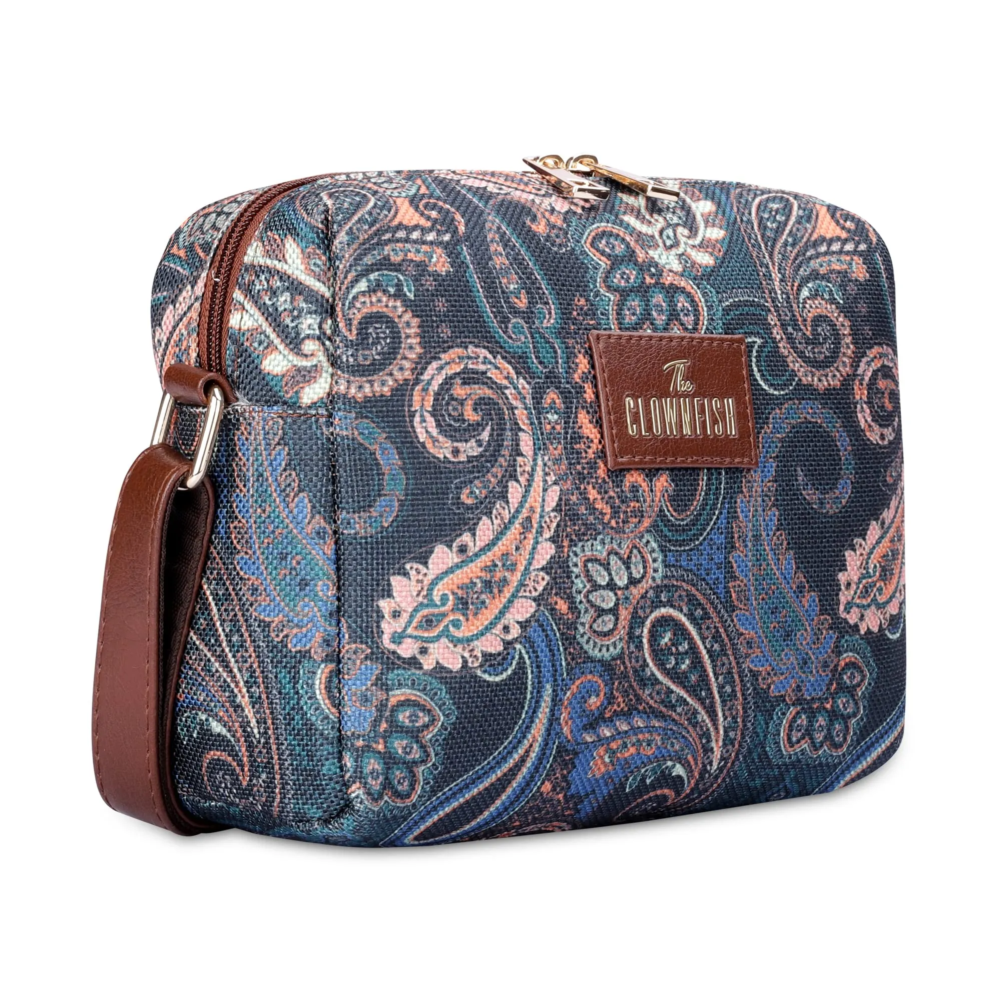 THE CLOWNFISH Isla Printed Handicraft Fabric Crossbody Sling bag for Women Casual Party Bag Purse with Adjustable Shoulder Strap for Ladies College Girls (Marine Blue)